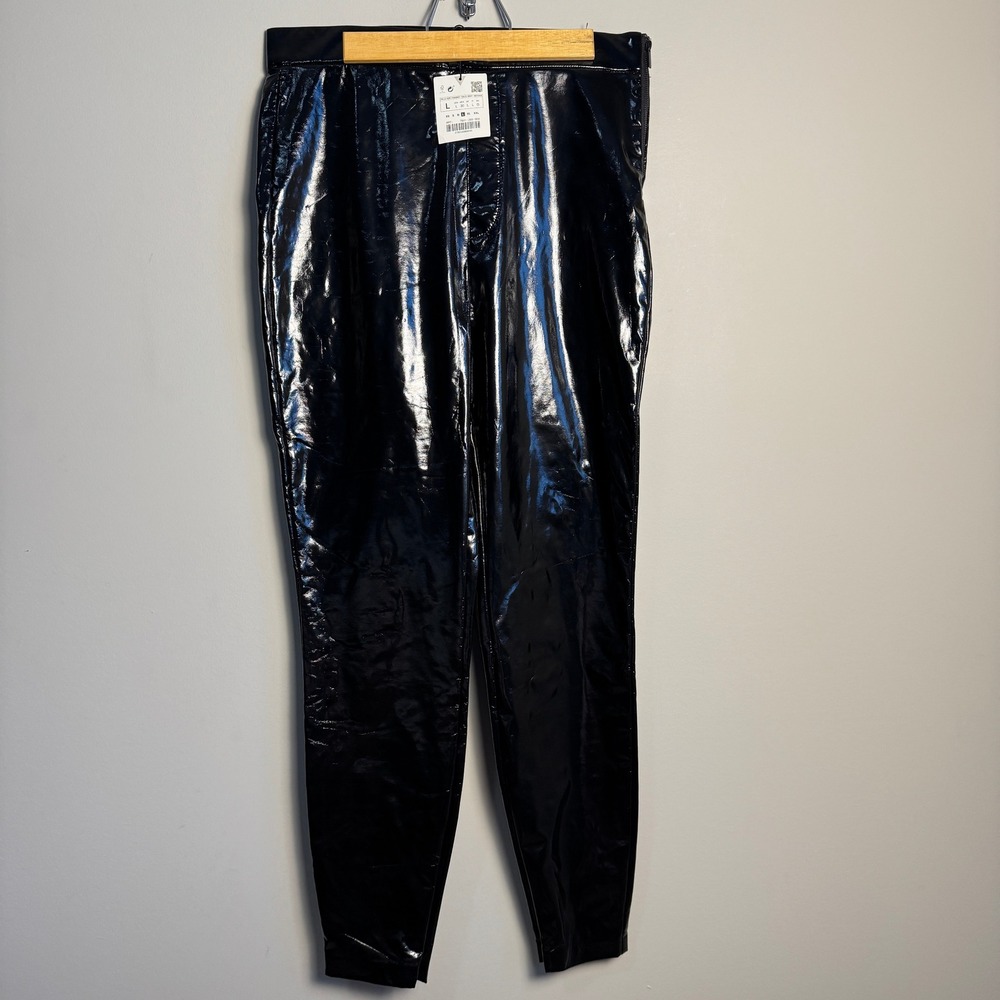 New ZARA Black High Shine Polyurethane Pants Side Zip Jogger Style Womens Large
